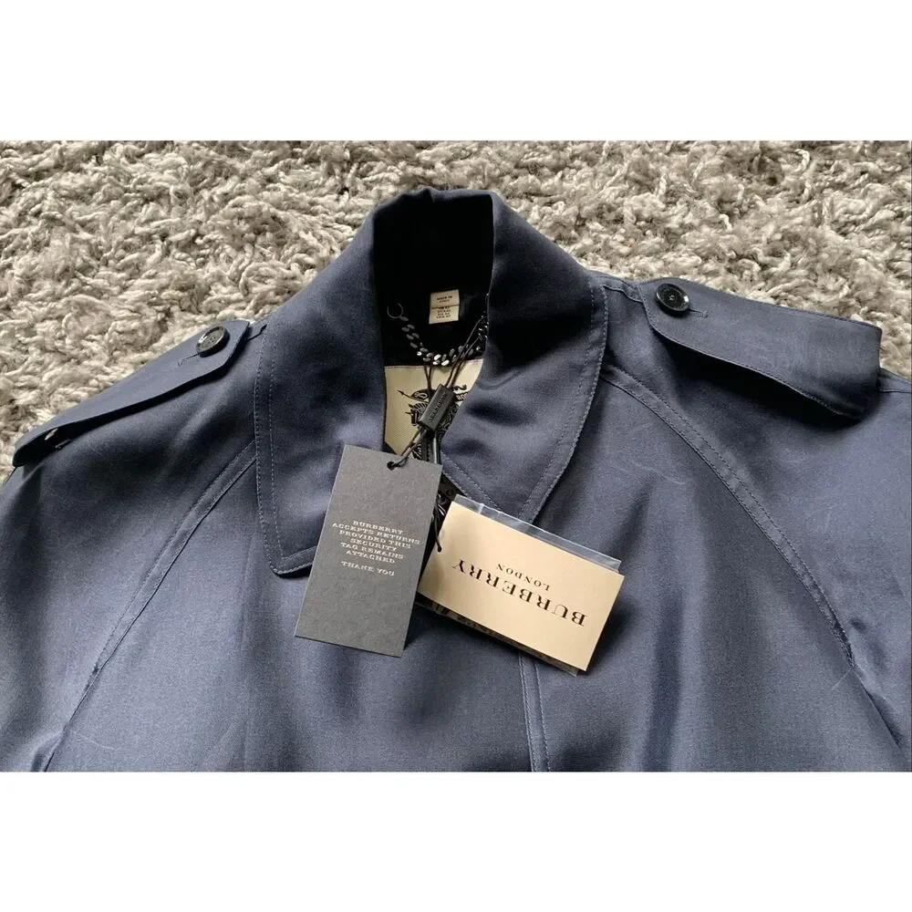 NEW NWT BURBERRY SILK Midnight Blue Trench Coat Jacket sz US 10 $3350 - Picture 5 of 14